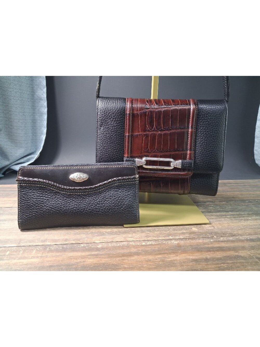 Vtg Brighton Leather Crossbody Bag & Wallet Checkbook Lot Black Brown Croc